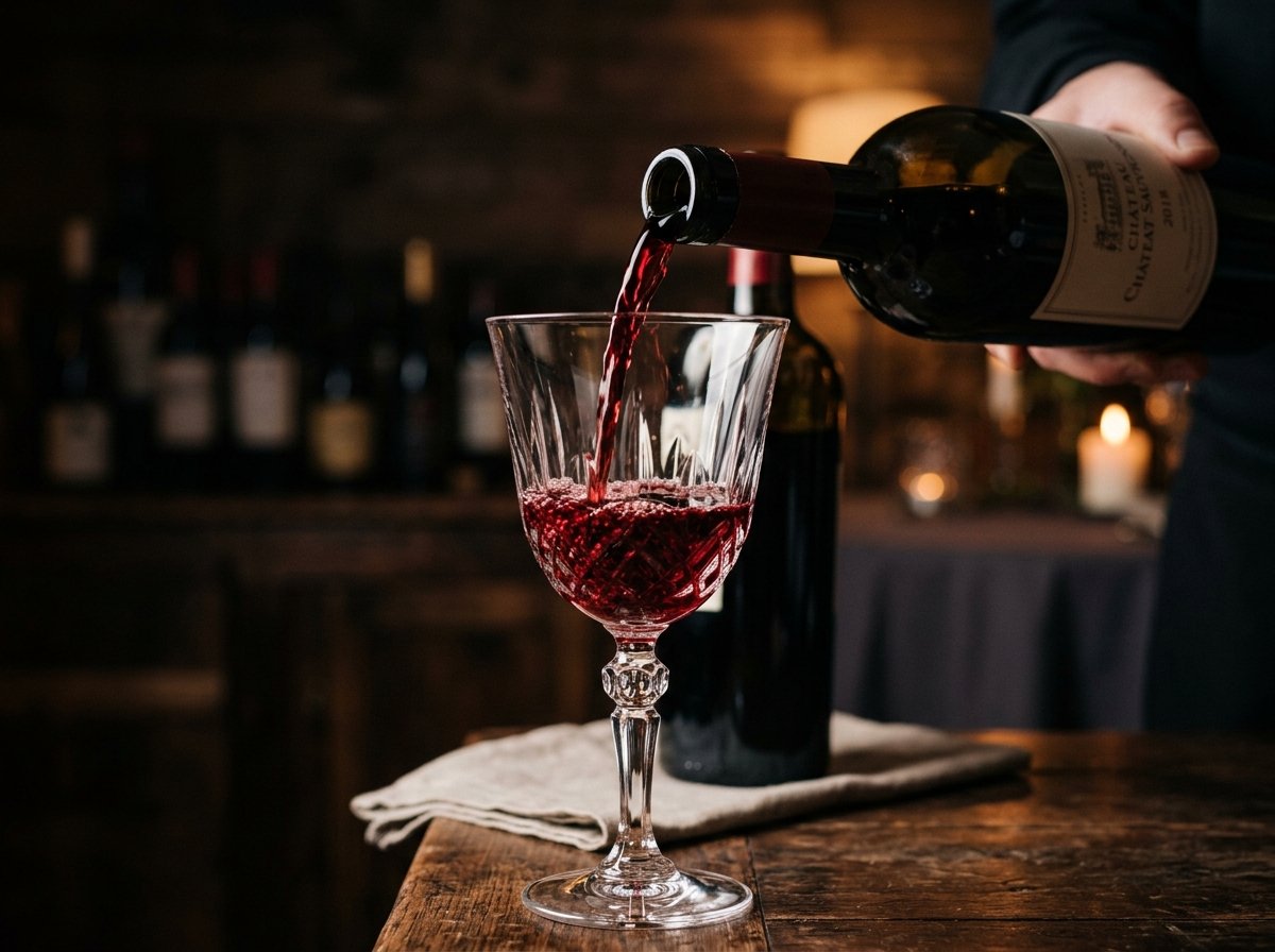 Pouring red wine into glass next to cheese board