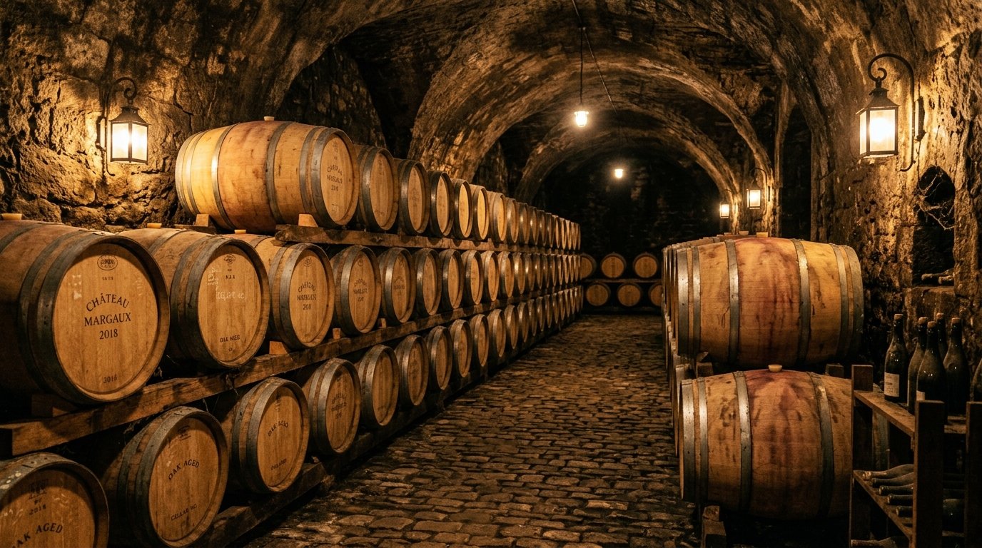 Wine cellar barrels row stacked